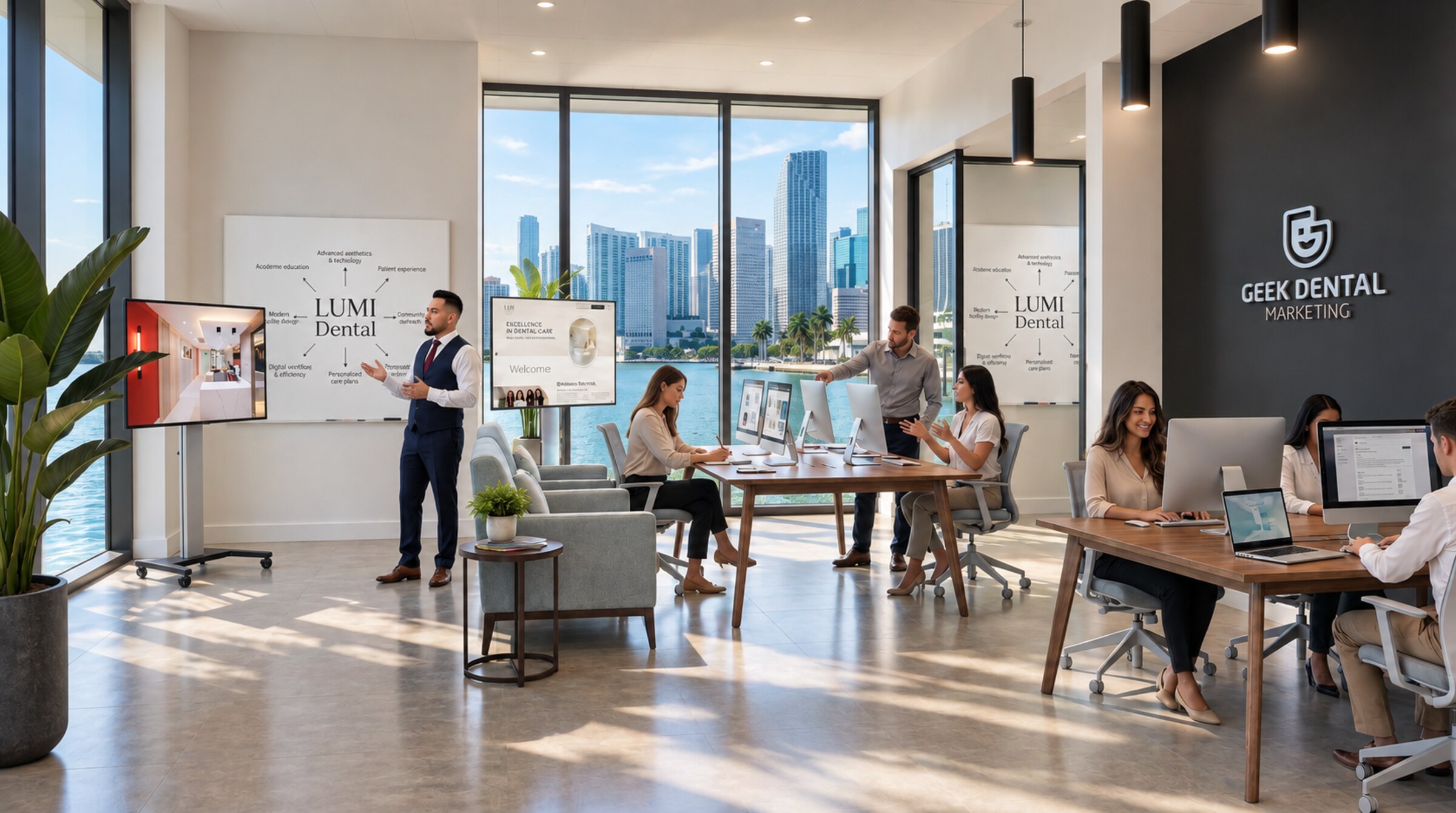 Geek Dental Marketing agency workspace in Miami with a collaborative team, LUMI Dental strategy boards and Brickell skyline views